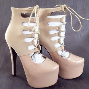 NEW Eye Candie Beige Round Toe Stiletto Lace-Up Platform Pumps Heels Siz…